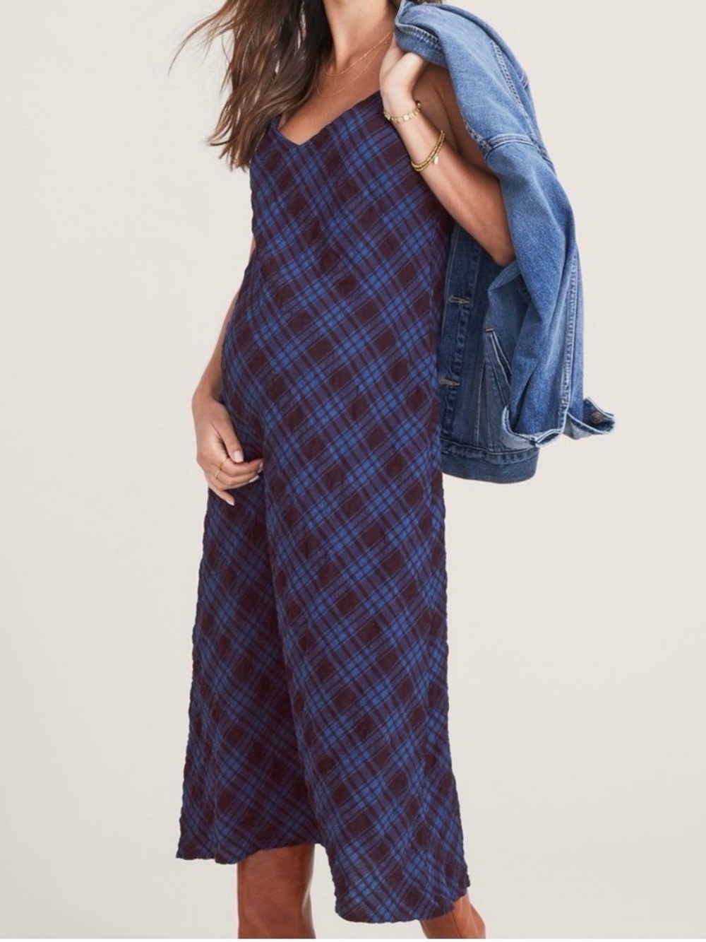 Hatch Ricky Slip Dress blue plaid minimalist maternity comfy dress medium